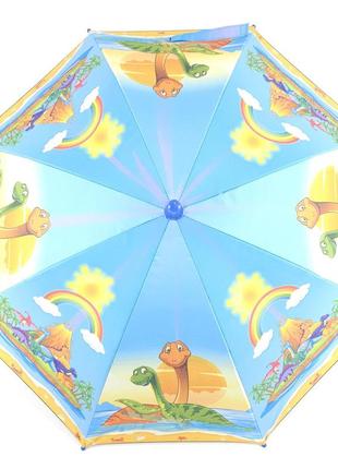 Зонтик трость полуавтомат для мальчика, девочки с системой антиветер, голубой с принтом динозавры5 фото