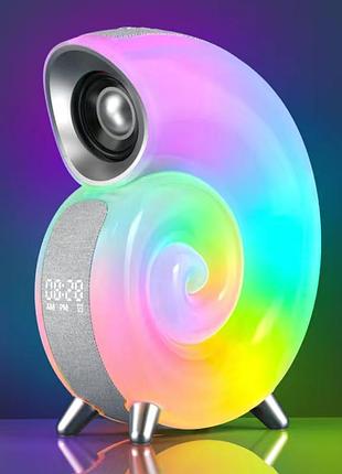 Портативная bluetooth колонка ракушка 4в1, rgb ночник с часами, будильником, таймером, приложением, 2000 mah