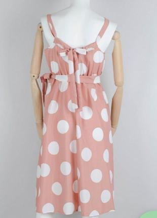 Стильное розовое платье сарафан миди по колено в горох с поясом5 фото