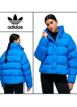 Трендовая куртка пуффер m-xl adidas оверсайз с логотипом женская стеганая укороченная короткая зимняя демисезонная синяя пуховик женский короткий
