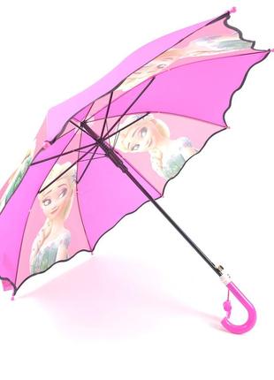 Зонтик трость полуавтомат для девочки, розовый с принтом "эльза"2 фото