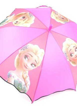 Зонтик трость полуавтомат для девочки, розовый с принтом "эльза"3 фото