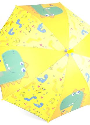 Зонтик трость полуавтомат для малыша с системой антиветер, желтый с принтом "динозавр"8 фото