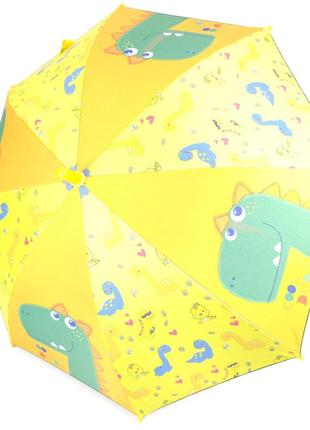 Зонтик трость полуавтомат для малыша с системой антиветер, желтый с принтом "динозавр"