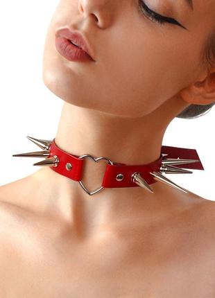 Чокер сердце с большими шипами, из натуральной кожи, красный гранж рок металл
