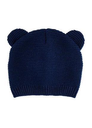 В'язана, самотня шапка з вушками 44-48 розмір темно-синій3 фото