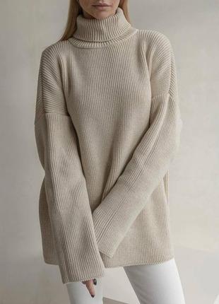Вязаный свитер под горло оверсайз удлиненный со спущенным плечом светер зеленый белый черный бежевый зимний теплый трендовый стильный1 фото