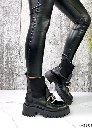 Распродажа натуральные кожаные зимние черные ботинки - челси декорированы цепочкой 39р.5 фото
