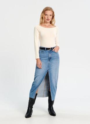 Спідниця міді джинсова з розрізом висока посадка трендова юбка миди