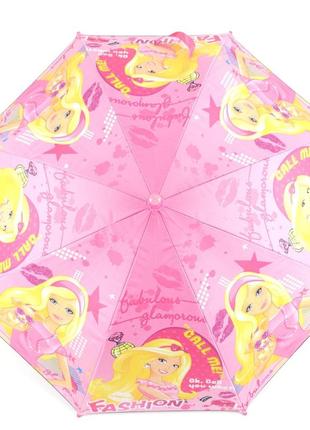 Зонтик трость полуавтомат для девочки с системой антиветер, розовый с принтом барби4 фото