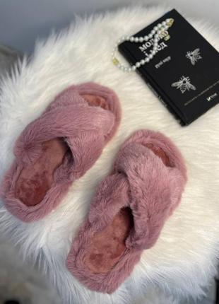 Домашні тапки тапулі тапочки шльопанці капці теплі пухнасті розові рожеві пушисті з відкритим носком4 фото