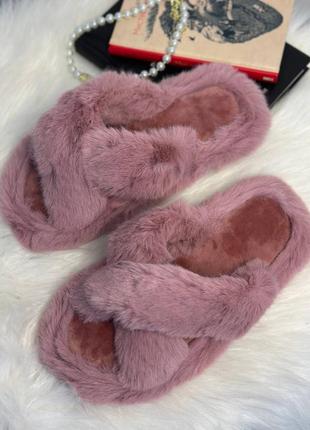 Домашні тапки тапулі тапочки шльопанці капці теплі пухнасті розові рожеві пушисті з відкритим носком1 фото
