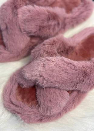 Домашні тапки тапулі тапочки шльопанці капці теплі пухнасті розові рожеві пушисті з відкритим носком2 фото