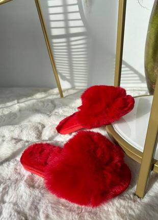 Домашні тапки тапулі тапочки шльопанці капці теплі пухнасті червоні пушисті з відкритим носком4 фото