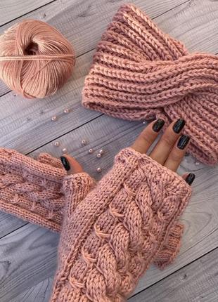 Рожева  чалма мохер ніжна пов'язка пудровий бузковий мітенки вязані ручна робота