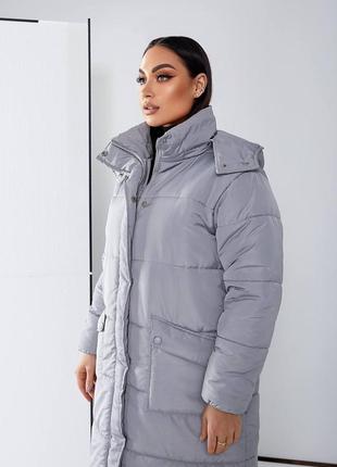 Теплое зимнее стеганное длинное пальто на синтепоне 250, женская куртка пальто с капюшоном на зиму7 фото