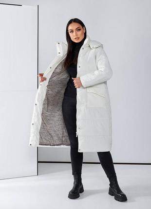 Тепле зимове стьобане довге пальто на синтепоні 250, жіноча куртка пальто з капюшоном на зиму4 фото