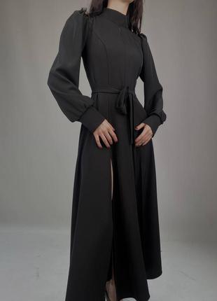 Нежное платье миди с разрезом на поясе, черное платье миди тиар3 фото