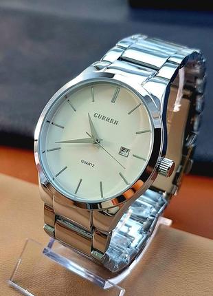 Мужские классические кварцевые стрелочные наручные часы  curren 8106 silver white