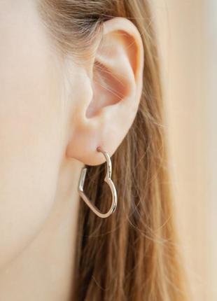 Серебряные сережки большое сердце, пусеты, вкрутки, без камней 925 проба