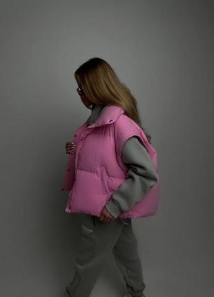 Женская розовая стильная трендовая зимняя качественная объемная куртка-трансформер🚀 со съемными рук2 фото