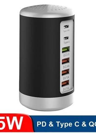 Мережевий зарядний пристрій 65w pd + qc3.0 quick charger usb 6 port rt731u чорний