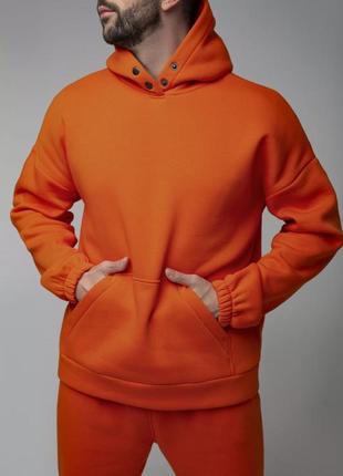 Костюм спортивный не кашлатится теплый мужской из family look из трехнитки пинье на флисе оранжевый5 фото