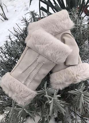 Мітенки з натуральним хутром кролика. колір беж. розмір 7 (17",18",19"). 7.5(18",19",20"). 8(20",22")