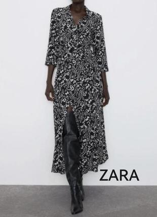 Изумительное, длинное, платье, халат, zara, на пуговицах, с карманами, натуральное, вискоза, чёрное с белым,1 фото