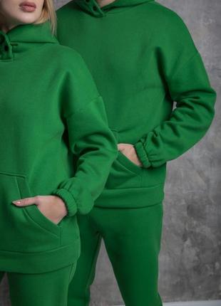 Костюм спортивный не кашлатится теплый мужской из family look из трехнитки пинье на флисе зеленый8 фото