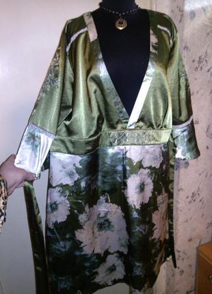 Красивейшая,"атласная" туника-платье (кимоно) с поясом и изящными вышивками,green house6 фото