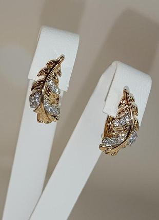 Сережки xuping позолота+родій "перо з цирконієм" 1,7см