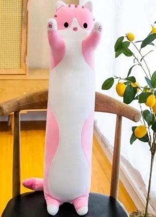 Мягкая плюшевая игрушка длинный кот батон котейка-подушка 50 см. цвет: розовый