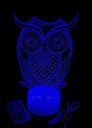 3d лампа сова, подарунок для любителів природи та птахів, світильник або нічник, 7 кольорів, 4 режими, пульт