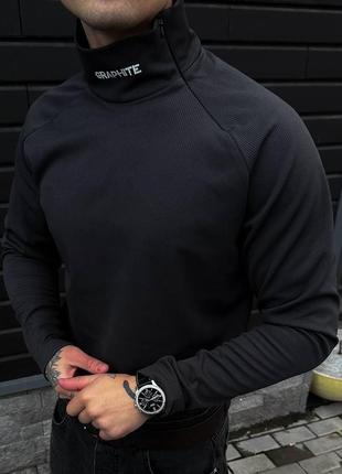 Мужской зимний гольф в рубчик черный с надписью на шее свитер с горлом на флисе (b)9 фото