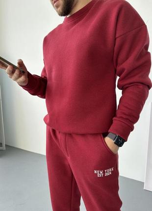 Мужской зимний спортивный костюм без капюшона красный с принтом chicago комплект свитшот и штаны с начесом (b)3 фото