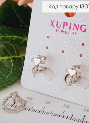 Серьги серебристые кольца кресты с камнями и сердцем, 1*0,7см, бижутерия xuping1 фото
