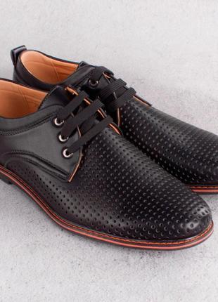 Стильные черные мужские туфли с перфорацией летние большой размер3 фото
