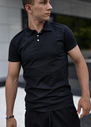 Мужская футболка поло приталенная на лето черная тенниска летняя повседневная (b)