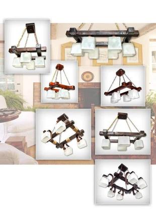 Люстра дерев'яна підвісна на 4 плафони коричнева для спальні, кухні, кабінету, передпокою квадро/4 40*40 код/артикул 0608-4