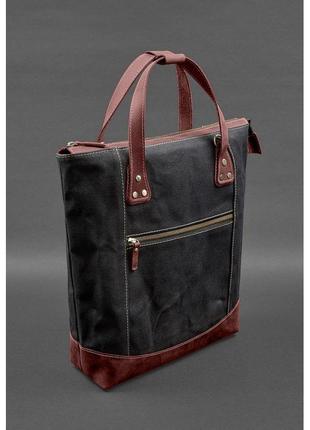 Сумка-рюкзак из канваса и натуральной бордовой кожи2 фото