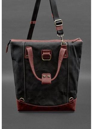Сумка-рюкзак из канваса и натуральной бордовой кожи6 фото
