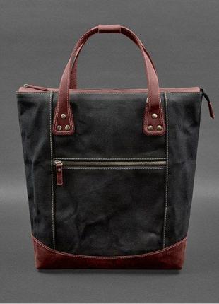 Сумка-рюкзак из канваса и натуральной бордовой кожи9 фото