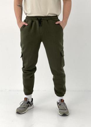 Чоловічі зимові штани з кишенями хакі на флісі брюки карго теплі з начосом (b)1 фото