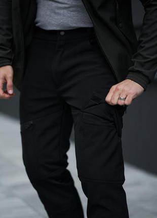Мужские зимние тактические штаны softshell черные на флисе брюки карго теплые софт шелл с начесом (b)5 фото