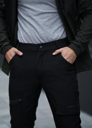 Мужские зимние тактические штаны softshell черные на флисе брюки карго теплые софт шелл с начесом (b)6 фото