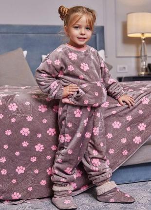 Дитяча піжама махрова тепла бузкова принт лапка комплект світшот та штани домашній зимовий (b)