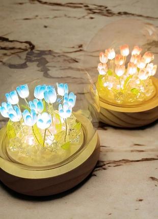 Светильник на батарейках светодиодный тюльпаны ночник led подарок оригинальный теплый свет голубой1 фото
