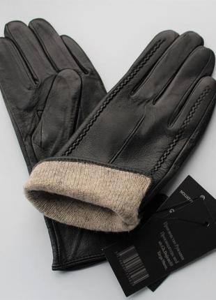 Женские кожаные перчатки "stripes" подкладка шерстяная вязка black2 фото