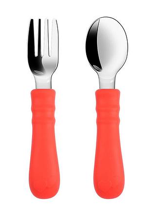 Прилади металеві дитячі ложка та вилка металеві з силіконовими ручками червоні prms-y06